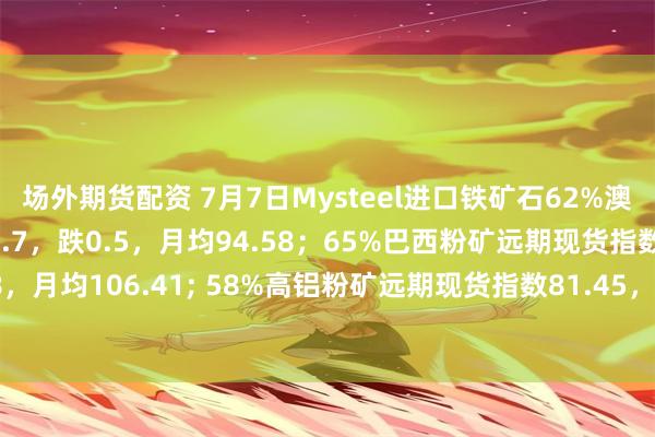 场外期货配资 7月7日Mysteel进口铁矿石62%澳洲粉矿远期现货指数94.7，跌0.5，月均94.58；65%巴西粉矿远期现货指数107.6，跌0.8，月均106.41; 58%高铝粉矿远期现货指数81.45，跌0.5，月均81.37。（单位：美元/干吨）