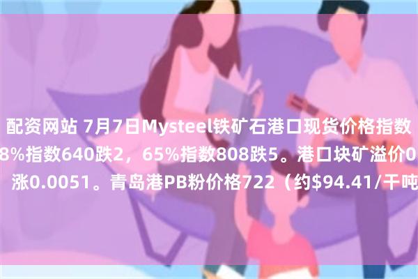 配资网站 7月7日Mysteel铁矿石港口现货价格指数：62%指数723跌2，58%指数640跌2，65%指数808跌5。港口块矿溢价0.2288美元/干吨度，涨0.0051。青岛港PB粉价格722（约$94.41/干吨）；纽曼粉价格716（约$92.59/干吨）；卡粉价格809（约$105.6/干吨）；超特粉价格609（约$79.13/干吨）。